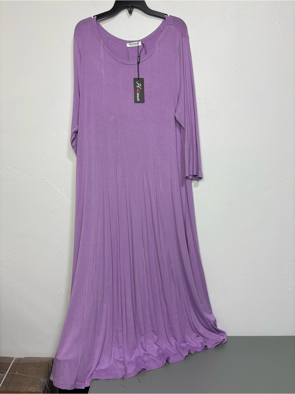 HOTOUCH Women's L Purple Solid Knit Maxi Dress Pleated Round Neck 3/4 Sleeve